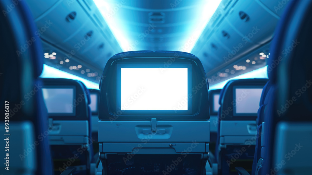 Fototapeta premium Back of an airplane seat with a screen in front, displaying empty white space available for advertising