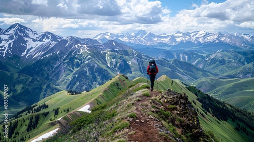 A hiker with a backpack traverses a narrow ridge line, with a breathtaking vista of snow-capped mountains and verdant valleys stretching out below. photo