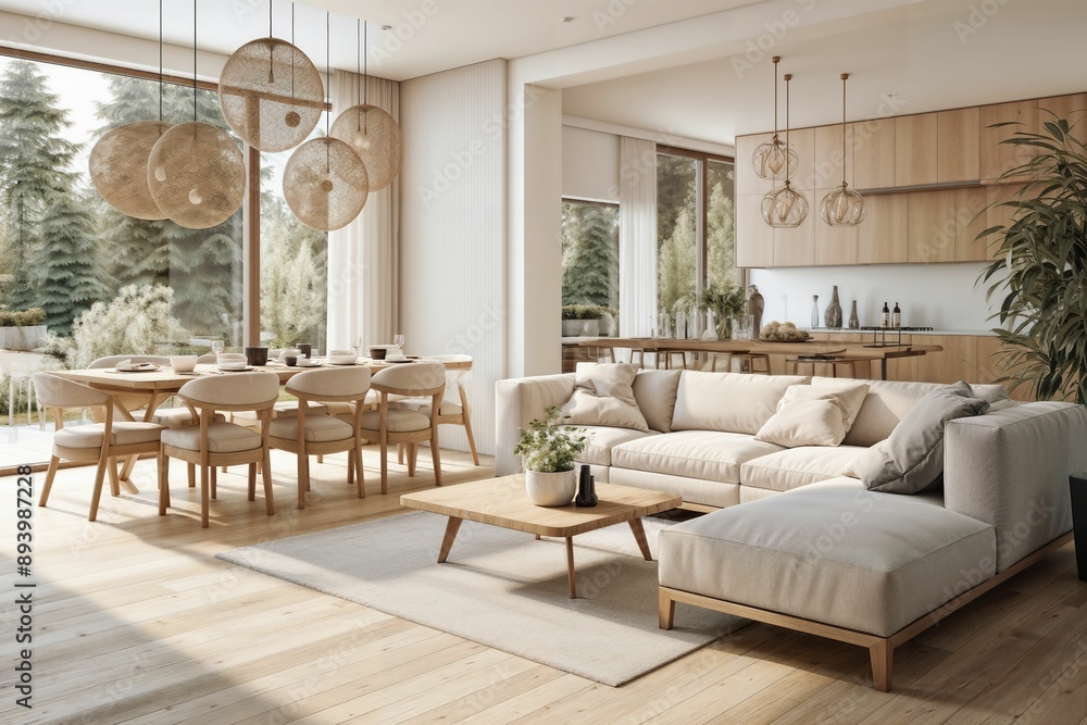 Fototapeta premium Modern open-plan living room and dining area with large windows overlooking a garden, featuring minimalist furniture and wooden accents.