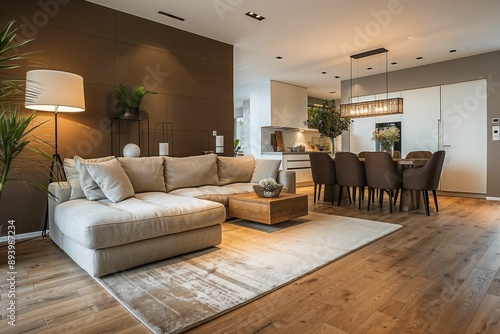 Modern living room with beige sofa, wooden flooring, and dining area with elegant decor and lighting photo