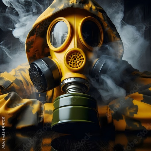 Minimalist yellow gas mask, dark smoky backdrop. photo