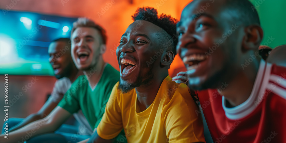Obraz premium Young people watching football match in front of TV. Excited friends celebrating the victory of their team. Sports fans chanting and cheering for their soccer team.