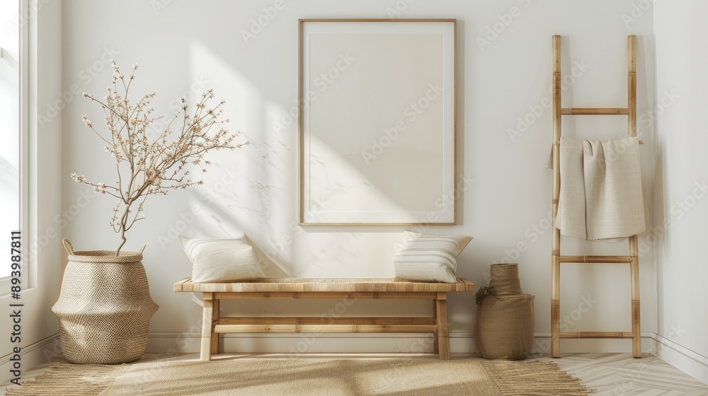 Bright and comfortable living room with wooden bench, furniture, framed poster, bamboo ladder, vase with flowers, decor, and personal items. Elegant home design. Mockup. Bright and comfortable living room with wooden bench, furniture, framed poster, bamboo ladder, vase with flowers, decor, and personal items. Elegant home design. Mockup.