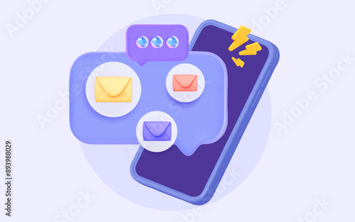 3D mobile phone with chat dialogues and notifications. For SMS, emails, and social media notifications  concept