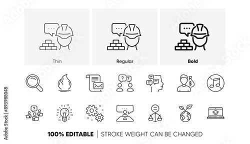 Interview job, Fire energy and Website education line icons. Pack of Work, Messages, Teamwork question icon. Idea, Salary, Mail letter pictogram. Ethics, Build, Teamwork questions. Line icons. Vector