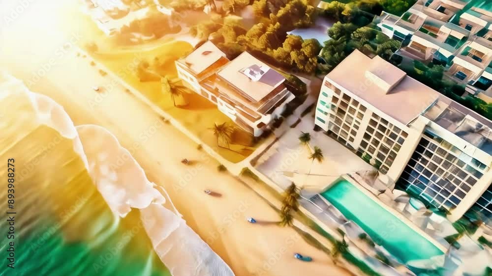 Tropical beach resort with palm trees, a pool, and a beachfront apartment complex, warm, golden light, suggesting a sunset or sunrise. Tropical beach resort with palm trees, a pool, and a beachfront apartment complex, warm, golden light, suggesting a sunset or sunrise.