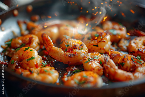 Black pan of sizzling shrimp garnished with fresh herbs is cooked to perfection. The mood is savory and appetizing, perfect for themes of seafood cuisine, cooking, and gourmet meals.