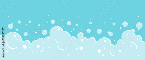 Foam bubble background, cartoon bath soap border, blue shower water pattern, laundry transparent suds. Wash frame. Liquid bg. Abstract vector illustration