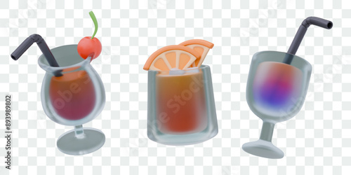 Set of cold cocktails. Isolated realistic drinks served with fruits, berries, straws