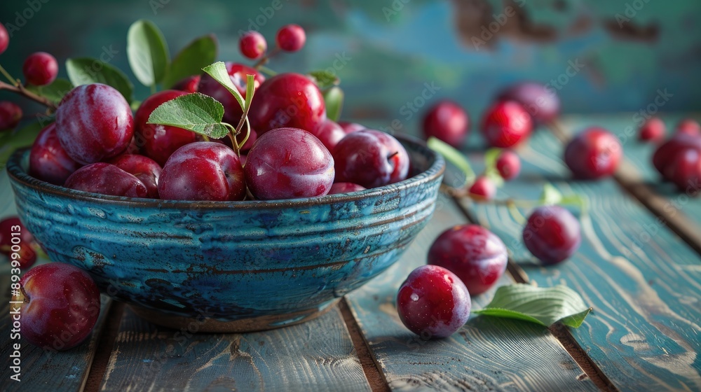 Plums displayed in a bowl on wooden table with fruity backdrop Plums displayed in a bowl on wooden table with fruity backdrop