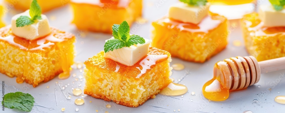 Flat lay of cornbread with honey butter, isolated background Flat lay of cornbread with honey butter, isolated background