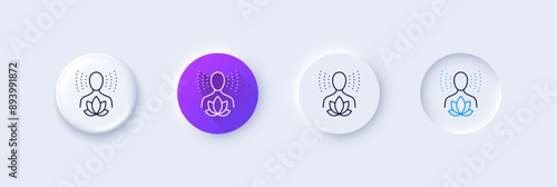 Yoga balance line icon. Neumorphic, Purple gradient, 3d pin buttons. Meditation lotus sign. Relax body and mind symbol. Line icons. Neumorphic buttons with outline signs. Vector