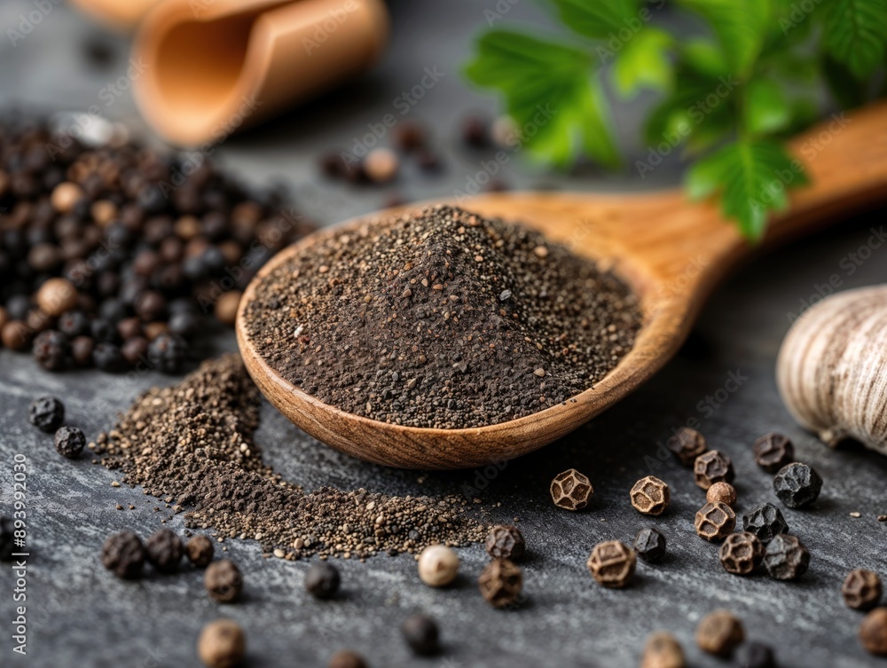 Colher de pau rústica com pimenta do reino em grãos e moída Colher de pau rústica com pimenta do reino em grãos e moída