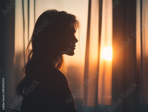 Silhueta solitária de uma mulher triste, pensativa e angustiada em frente a janela photo