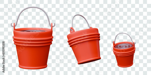Red metal bucket filled with water. Classic equipment for manually extinguishing flames with water