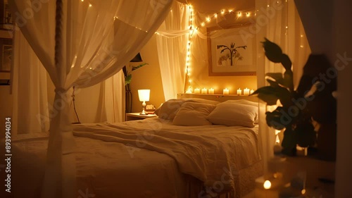 A couples massage room featuring a romantic canopy bed and intimate lighting.