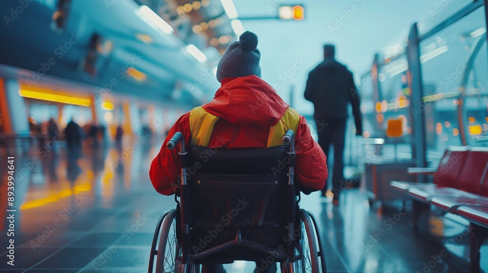 Obraz premium Rear view of airport worker pushing man on wheelchair in the airplane.