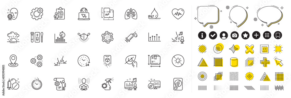 Fototapeta premium Set of Box size, Medical drugs and Fingerprint line icons for web app. Design elements, Social media icons. Settings blueprint, Waterproof, Talk icons. Lungs, Sunset, Microphone signs. Vector