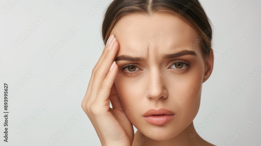 Dissatisfied stressed depressed young woman touch forehead worried about skin wrinkle isolated on studio background, cosmetology botox injection anti aging cream concept Dissatisfied stressed depressed young woman touch forehead worried about skin wrinkle isolated on studio background, cosmetology botox injection anti aging cream concept