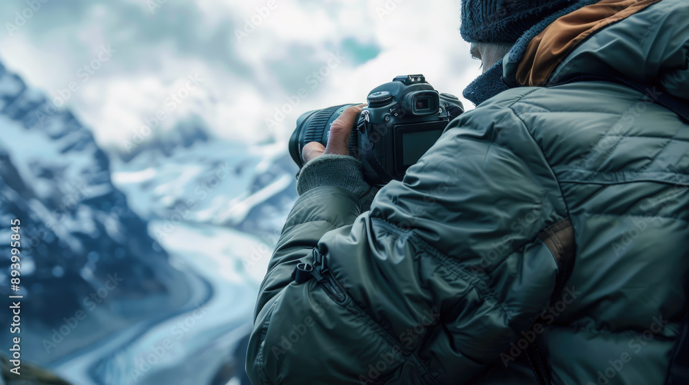 Photographer Capturing Stunning Mountain Landscape with Snow-Capped Peaks and Glacier Photographer Capturing Stunning Mountain Landscape with Snow-Capped Peaks and Glacier