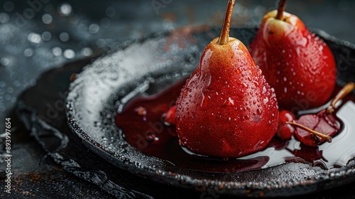 Sweet poached pears in red wine on a dark background