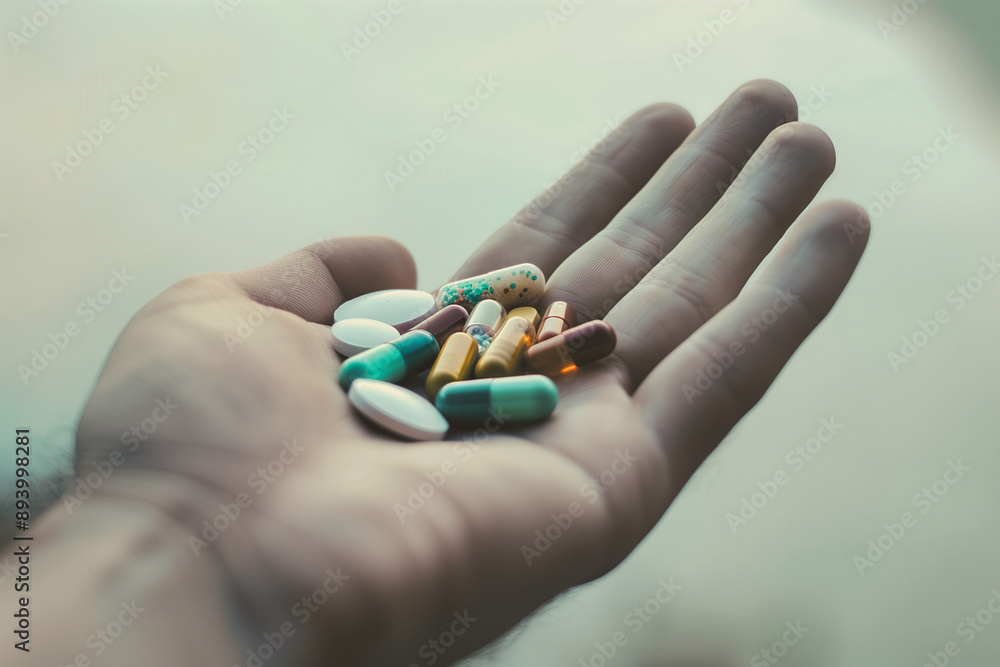 Open hand filled with various medical pills. Closeup. Healthcare, disease, medication, sickness. Open hand filled with various medical pills. Closeup. Healthcare, disease, medication, sickness.