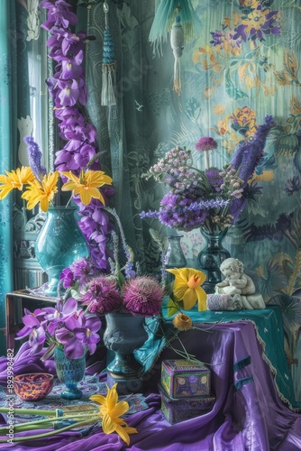 Beautiful interior of the living room with a lot of flowers in vases and incense sticks