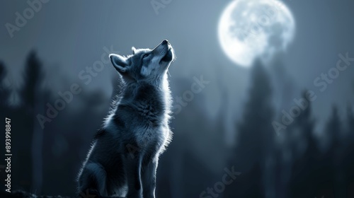 A small dog or little wolf is standing in the woods and looking up at the moon