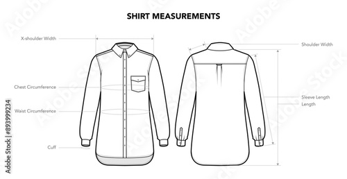 Set of Shirt Top Measurement, Length, Width, Circumference styles technical fashion illustration. Flat apparel template front, back view. Women, men unisex CAD mockup isolated on white background