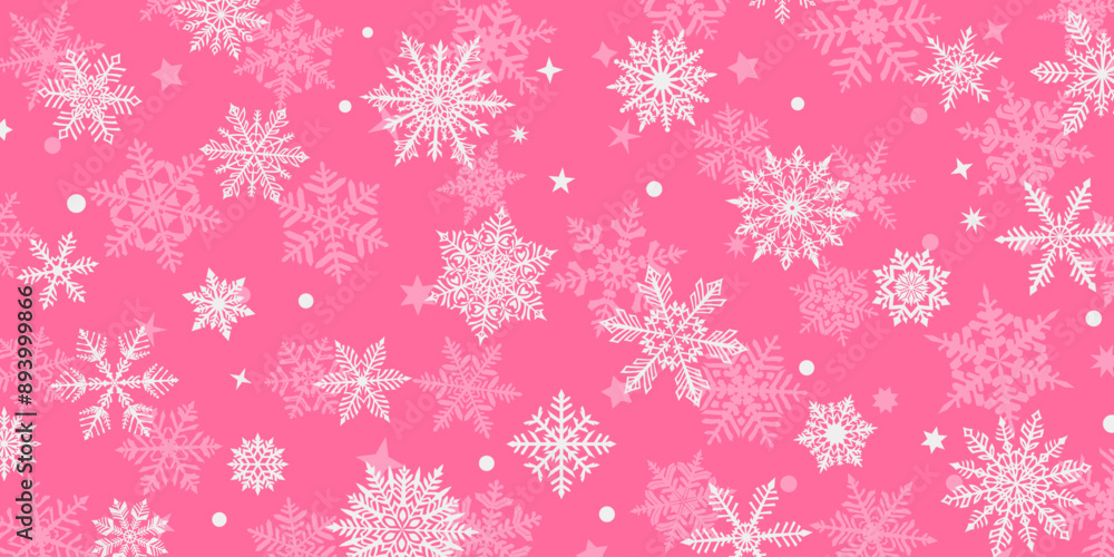 Christmas background of beautiful complex snowflakes, white on pink. Winter illustration with falling snow. Christmas background of beautiful complex snowflakes, white on pink. Winter illustration with falling snow.
