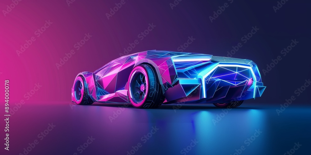 Hologram auto, futuristic polygonal model auto. Smart auto ai, Wireframe in line low-poly style. Smart automobile. illustration in futuristic style