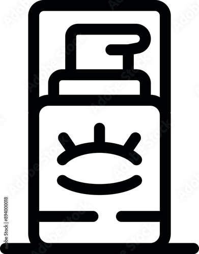 Black and white line art icon of an eye cream cosmetic tube standing on a bathroom shelf