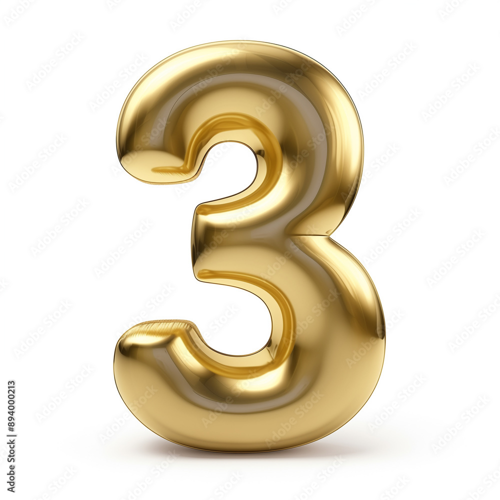 Character '3' made of gold balloon, sharp outline, isolated on white background Character '3' made of gold balloon, sharp outline, isolated on white background