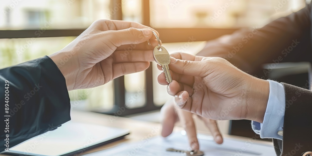 Obraz premium Close up agent giving a key to new owner or tenant, client after signed signature contract rental purchase, buyer apartment, home with landlord, realtor. Banker agreement mortgage loan. Property lease