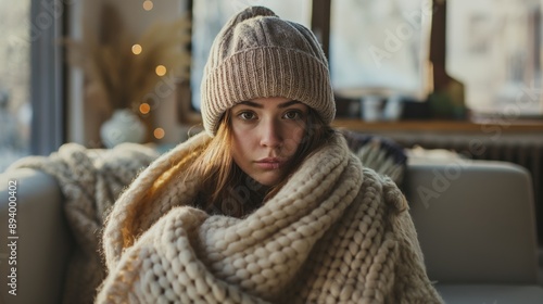 Unwell millennial female renter in hat and blanket sit in cold living room suffer from air conditioner lack. Unhealthy young Caucasian woman struggle from chill freeze at home.