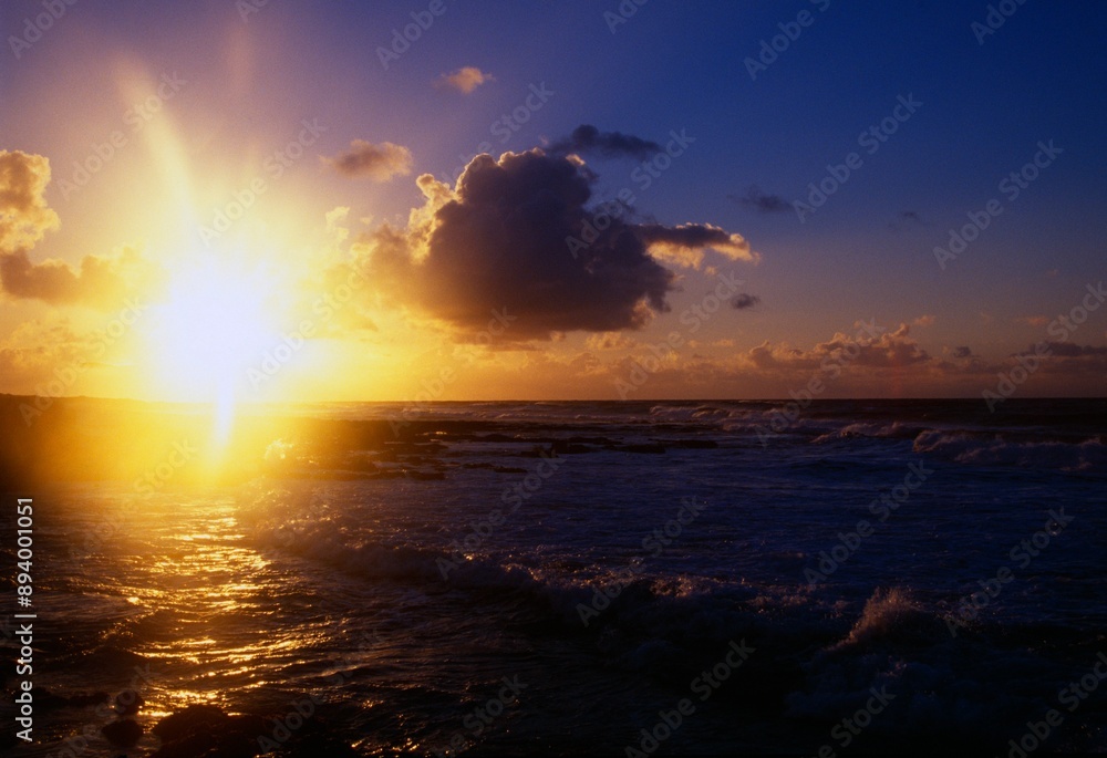 Sunrise, Dark Clouds, Ocean Waves, Sand Beach Park Sunrise, Dark Clouds, Ocean Waves, Sand Beach Park