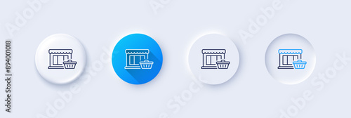 Marketplace line icon. Neumorphic, Blue gradient, 3d pin buttons. Shopping store sign. Customer cart symbol. Line icons. Neumorphic buttons with outline signs. Vector
