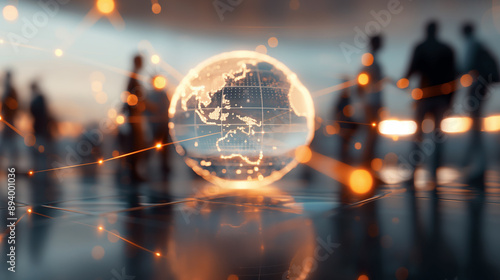 Abstract digital globe with glowing connections, blurred businesspeople in background, futuristic technology and global network concept, dynamic light effects