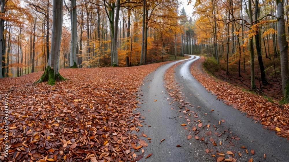 Obraz premium A road with leaves on the ground and trees in the background