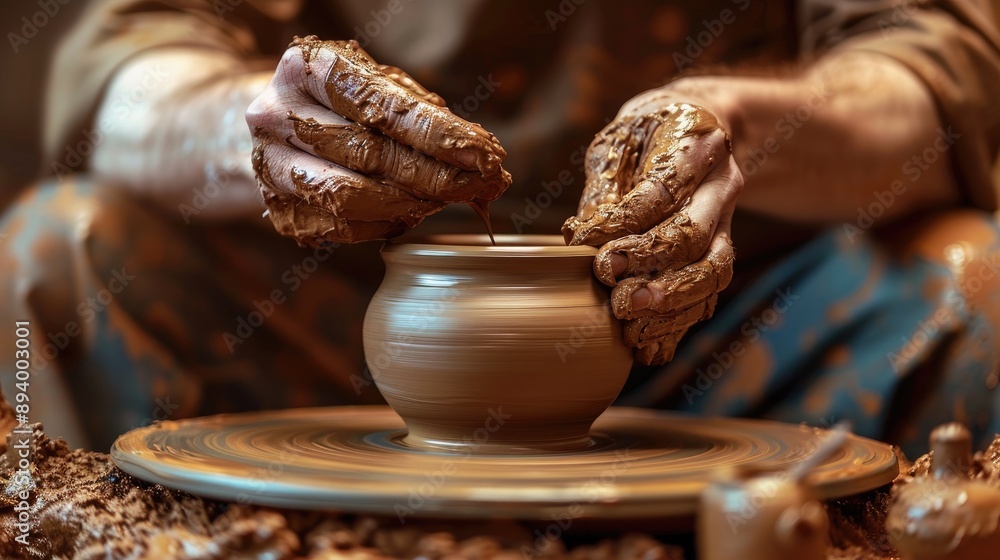 A potter shapes clay on a spinning wheel. This image shows the ...