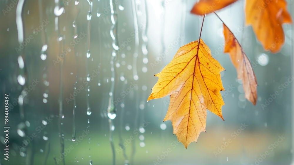 Obraz premium A leaf is hanging from a tree in the rain