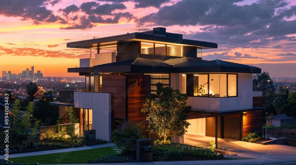 City life meets suburban comfort at sunset, featuring a modern home with contemporary design, city lights beginning to twinkle in the background City life meets suburban comfort at sunset, featuring a modern home with contemporary design, city lights beginning to twinkle in the background
