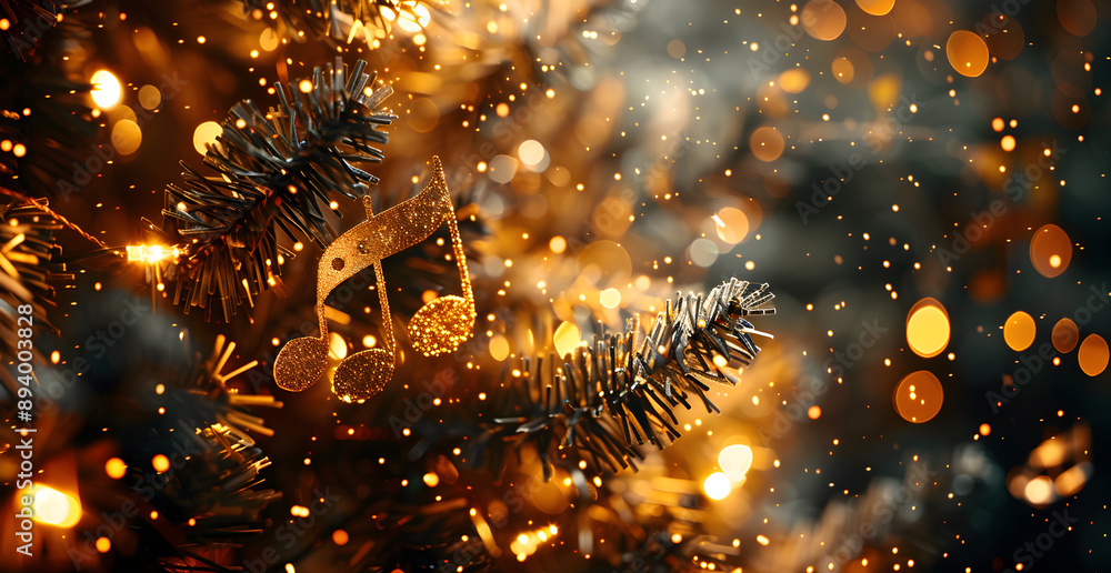 A Christmas tree with a gold ornament that has musical notes on it A Christmas tree with a gold ornament that has musical notes on it
