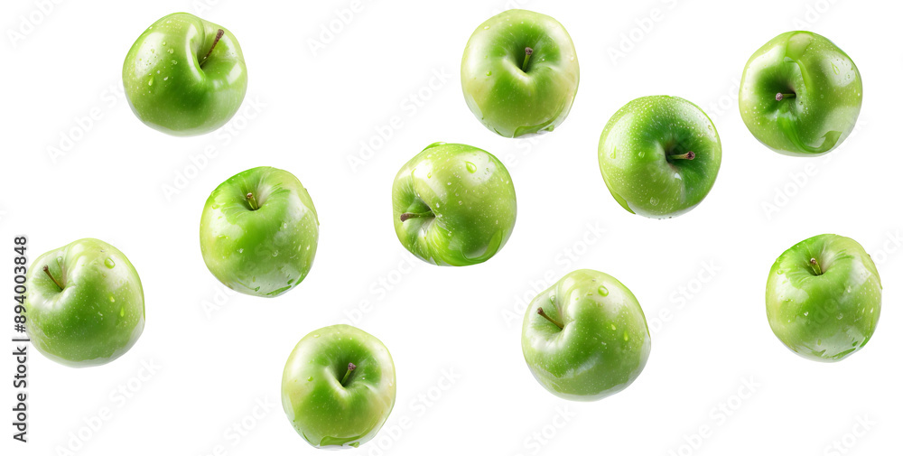 Falling fresh green apples over isolated white transparent background Falling fresh green apples over isolated white transparent background