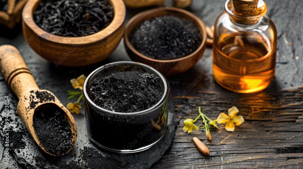 Natural materials including fish oil and acid for skincare and anti aging benefits in black coal cosmetics Natural materials including fish oil and acid for skincare and anti aging benefits in black coal cosmetics