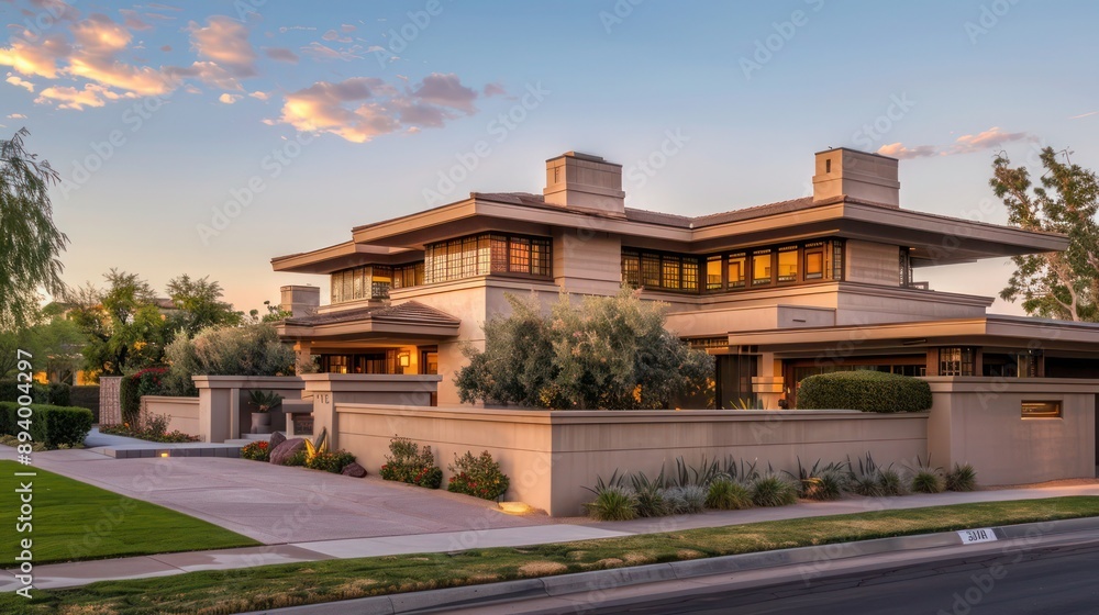 Corner street view of a Craftsman style house in sandy beige at dawn, standing out with unique architecture Corner street view of a Craftsman style house in sandy beige at dawn, standing out with unique architecture