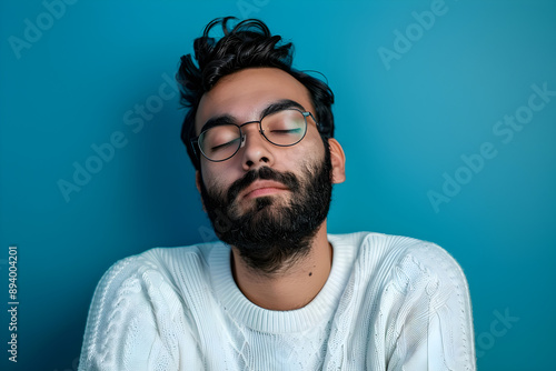 Captivating portrait of a young Hispanic man with beard, exuding introspection and calm against a vibrant blue backdrop. Ideal for mental health themes, lifestyle blogs, and emotional marketing.