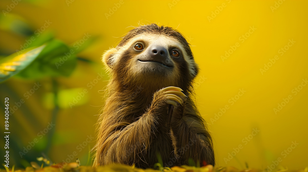 Fototapeta premium Adorable baby sloth with a joyful expression, set against a warm yellow backdrop. Ideal for wildlife conservation campaigns, children's education, and lifestyle branding.