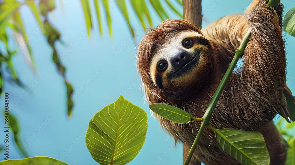 Charming sloth hangs from a lush tree branch, surrounded by vibrant green leaves against a serene blue sky; perfect for nature lovers, educational content, and eco-friendly marketing. Charming sloth hangs from a lush tree branch, surrounded by vibrant green leaves against a serene blue sky; perfect for nature lovers, educational content, and eco-friendly marketing.