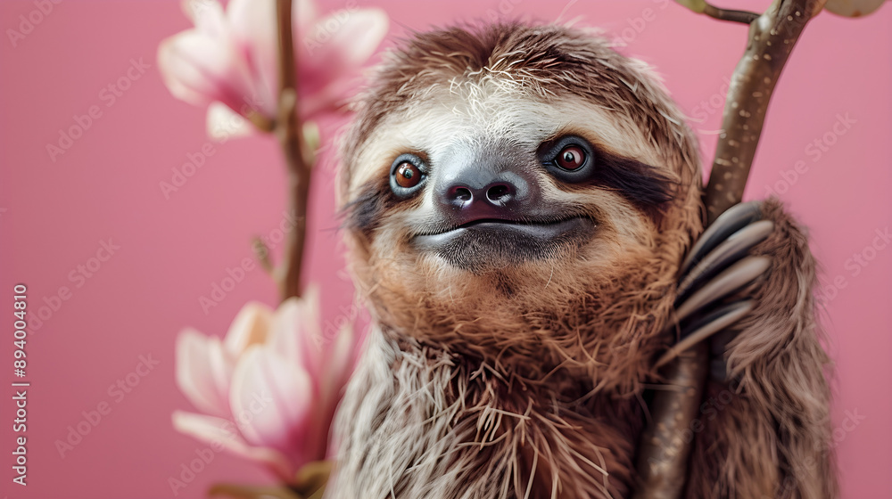 Fototapeta premium Adorable sloth hanging from branch on vibrant pink background with blossoming flowers, perfect for nature, wildlife, and animal photography enthusiasts, eco-friendly brands, children's products,...